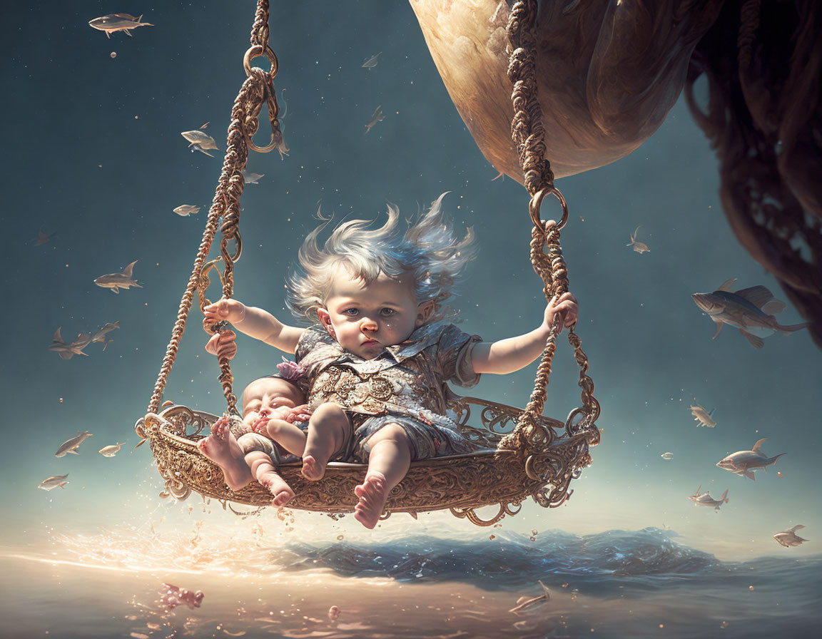 Surreal artwork featuring babies on ornate swing in sky