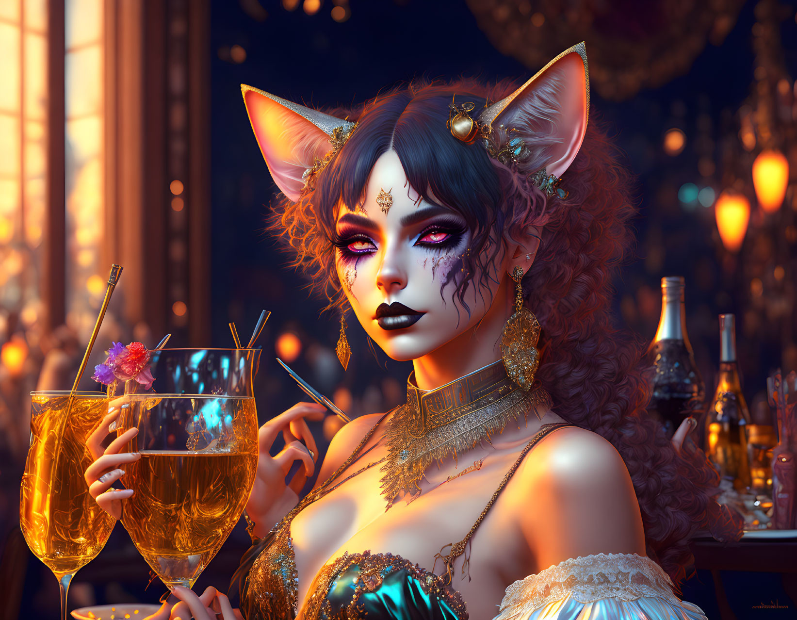 Digital Artwork: Woman with Feline Ears, Dramatic Makeup, and Ornate Jewelry in