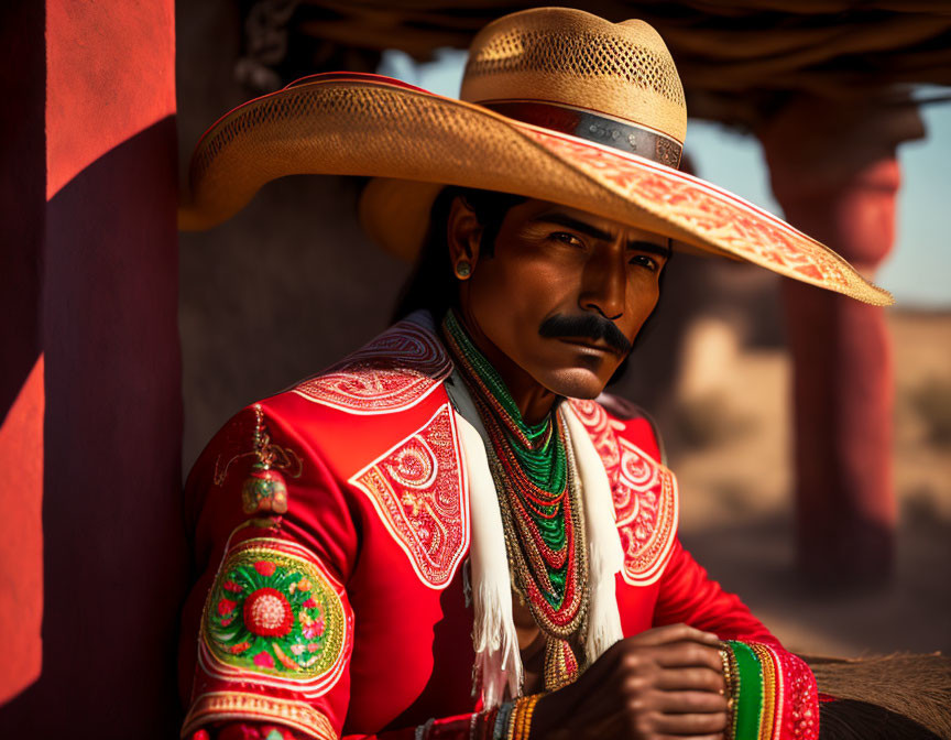 Man in Traditional Red Charro Suit with Sombrero Leaning Against Structure