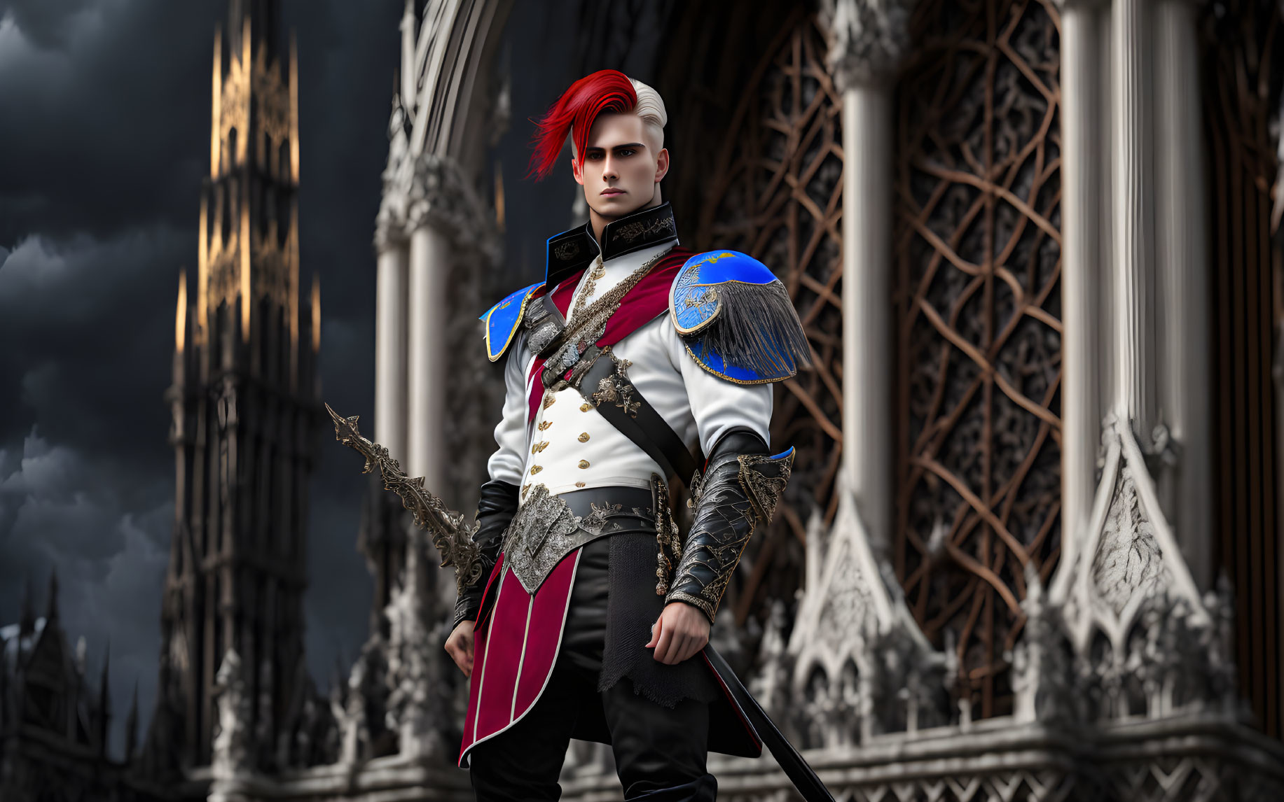 Stylized character with red hair in military uniform at gothic cathedral