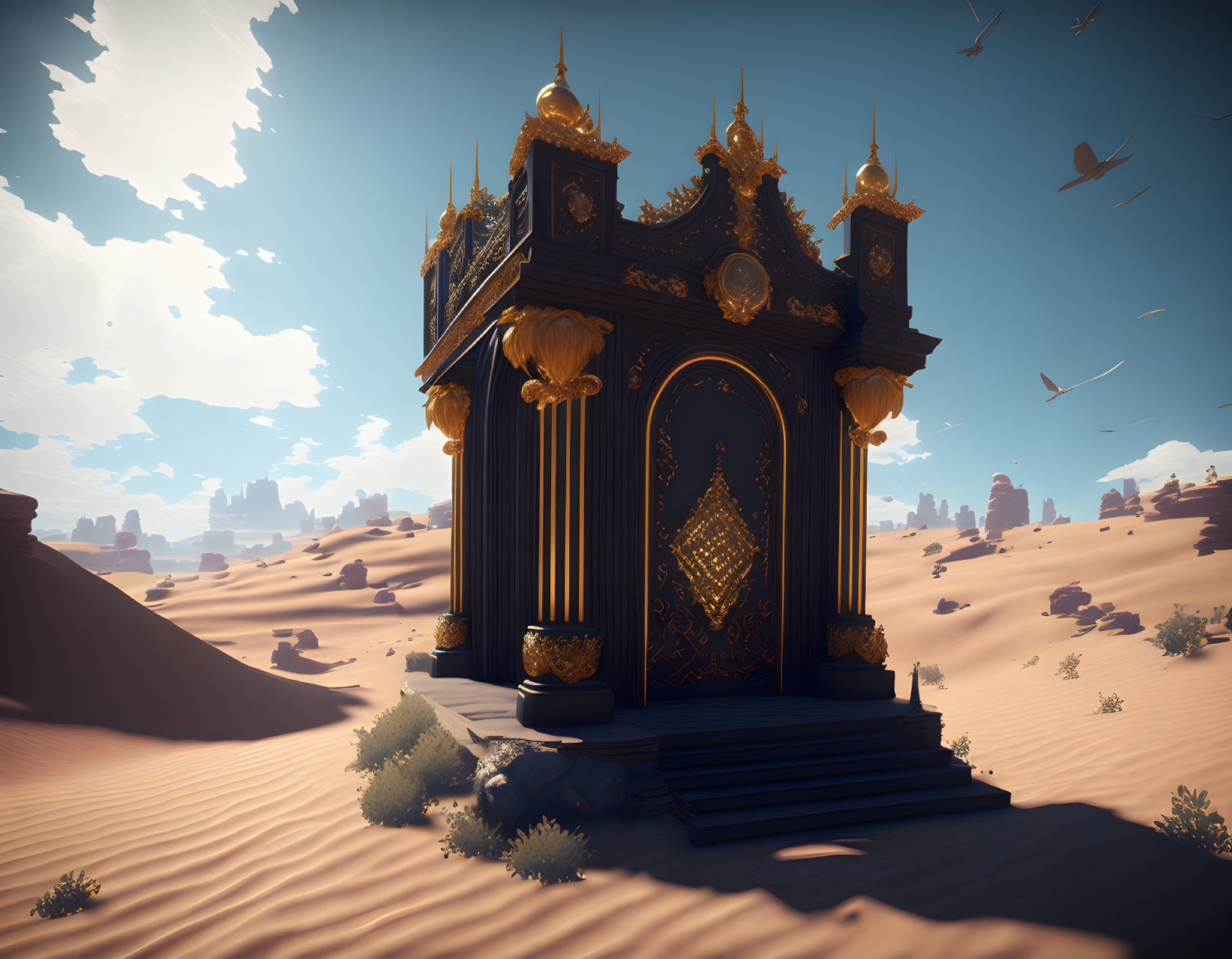 Black and Gold Pavilion in Desert Sands with Blue Sky and Birds