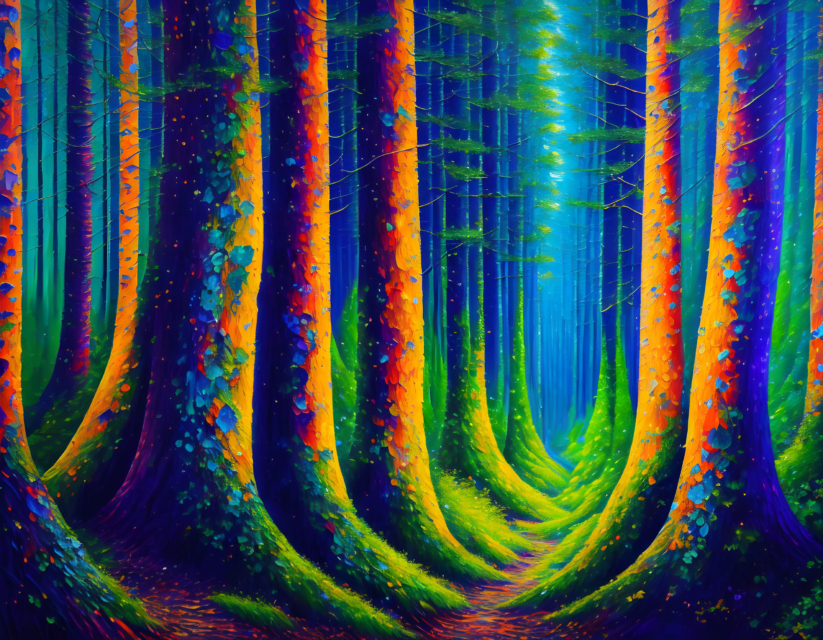 Colorful Forest Landscape with Tall Trees and Pathway