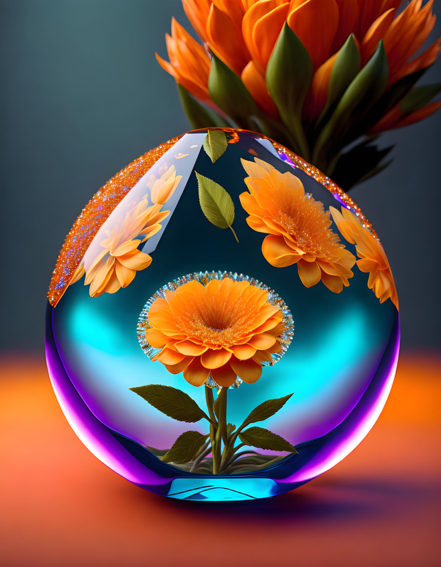 Vivid Glass Egg with Orange Flowers on Reflective Surface