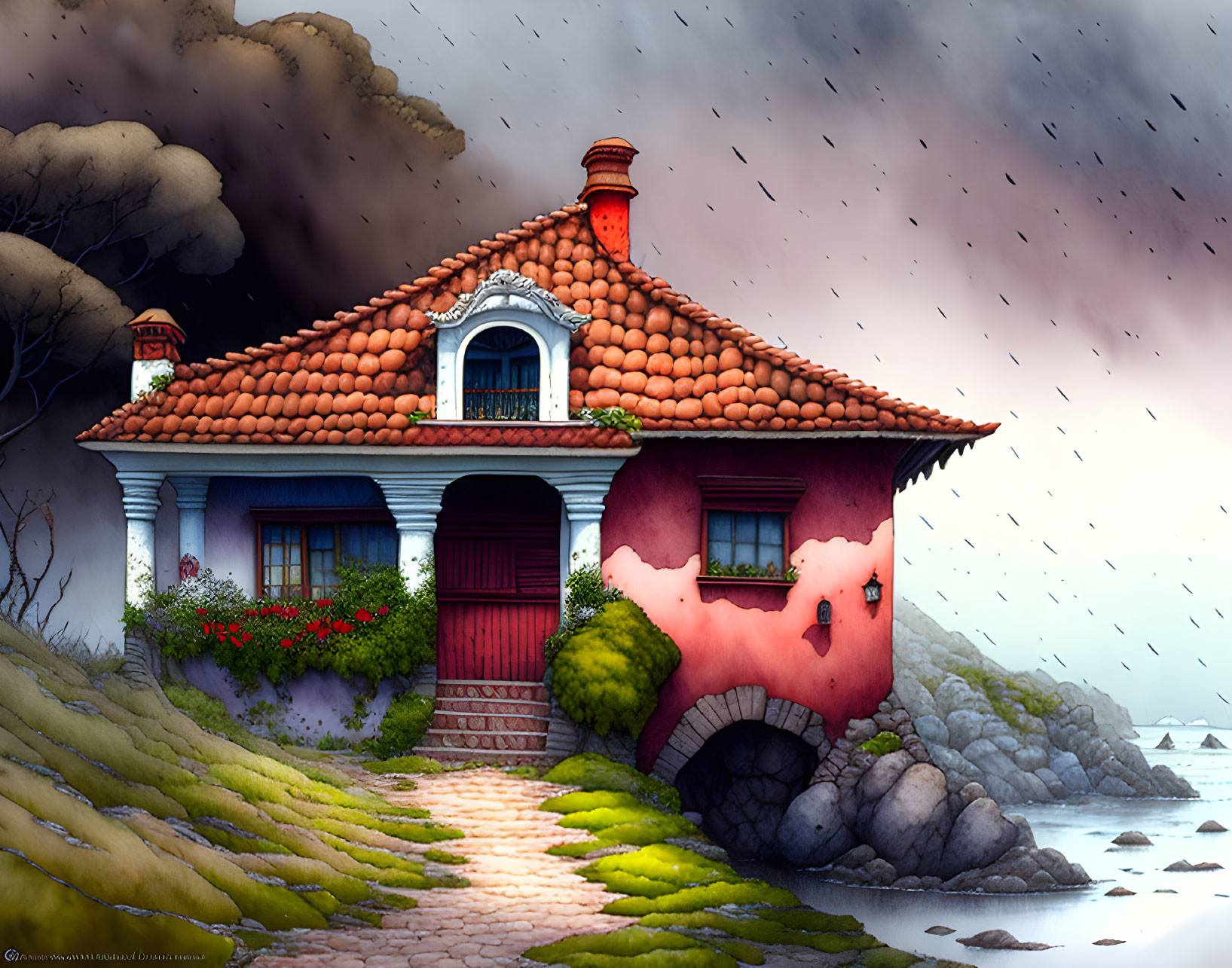 Red-roofed seaside cottage under stormy sky with pathway and flowers