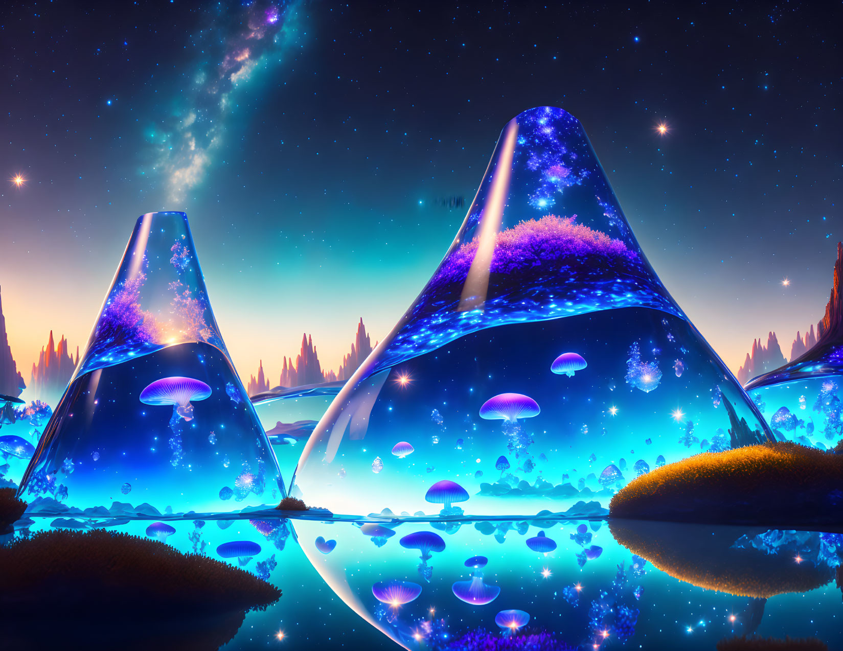 Surreal landscape with luminous mushrooms in transparent mountains under starry sky and vibrant galaxy