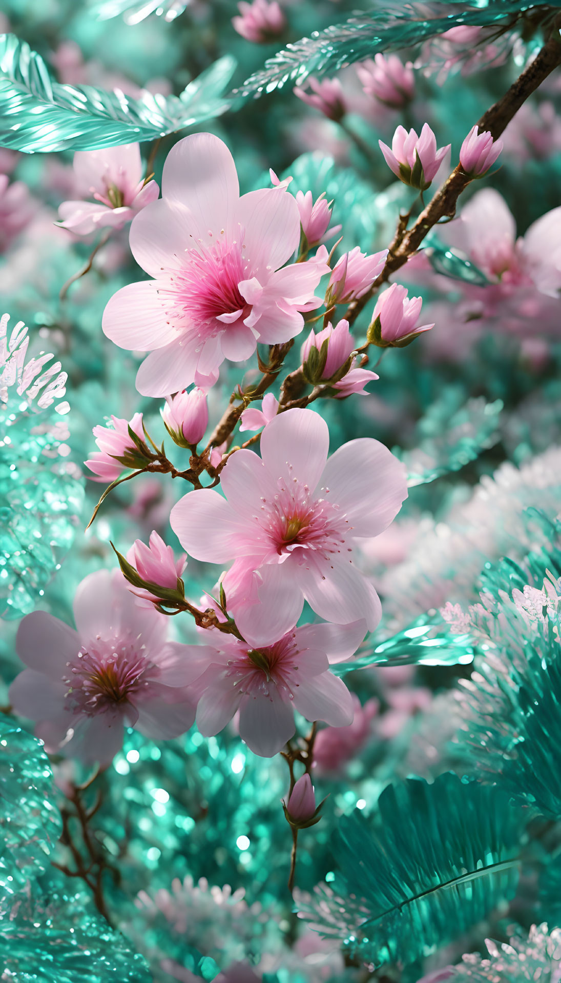 Pastel pink cherry blossoms against teal foliage background.