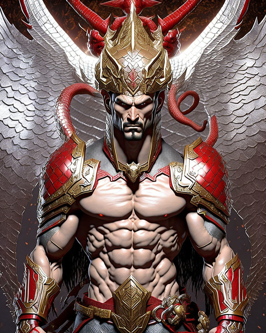 Muscular character in red armor with winged helmet and snake adornments