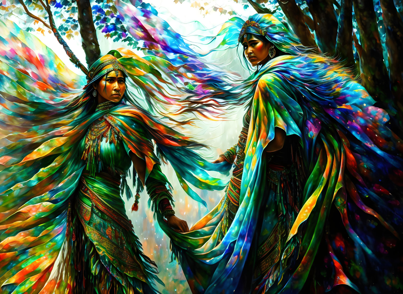 Ethereal women in vibrant garb with colorful swirls in fantastical forest