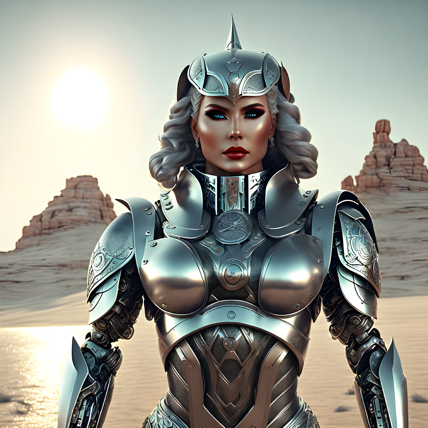 Female warrior in silver armor under desert sun