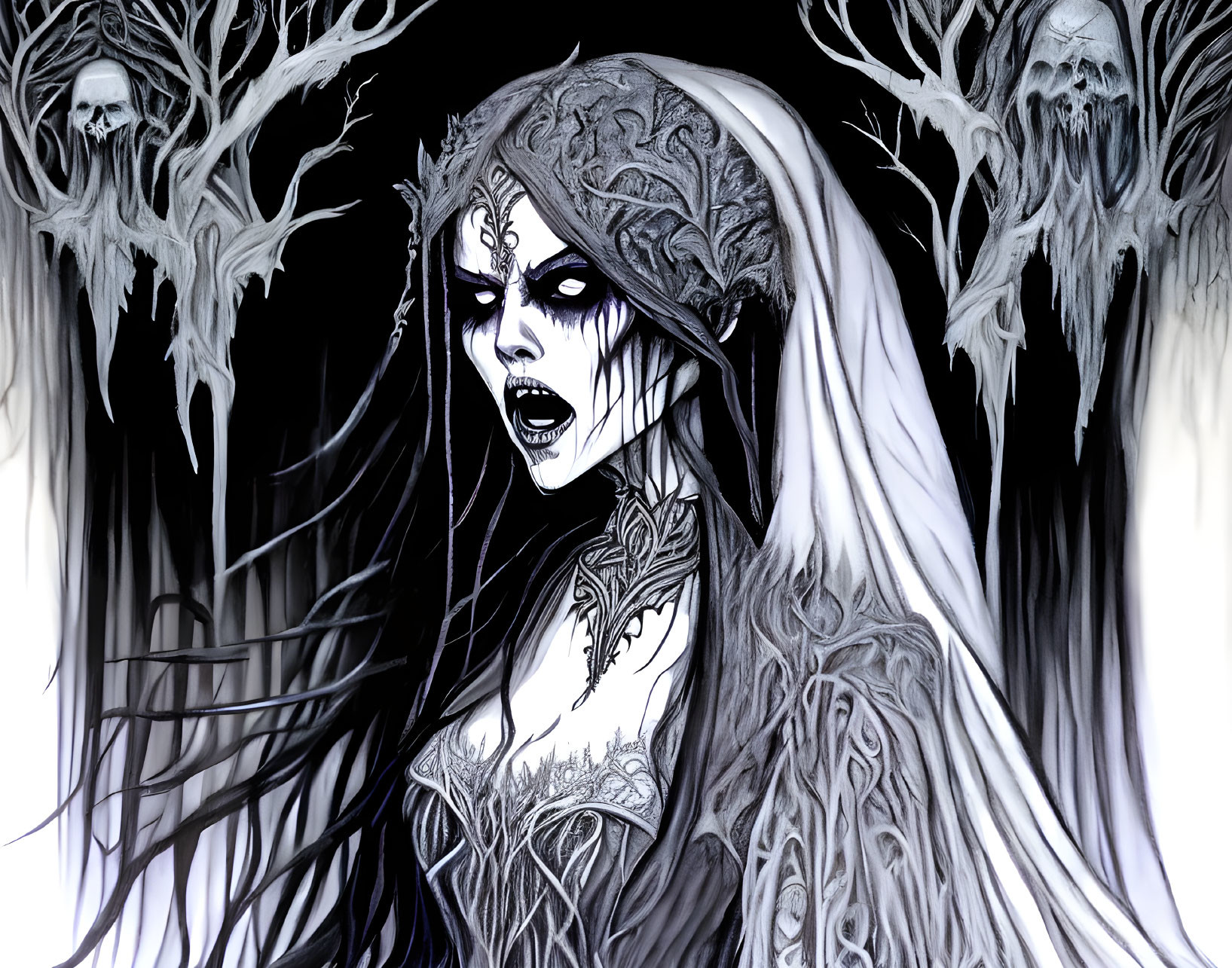 Detailed Gothic Illustration of Snarling Female Figure