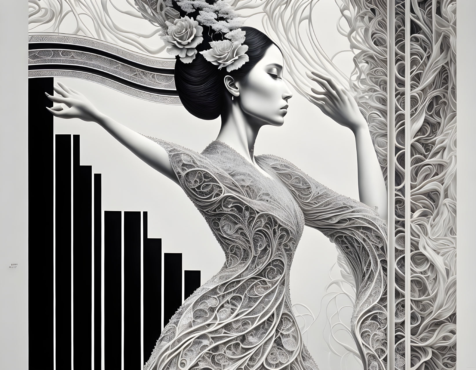 Monochrome stylized woman in ornate attire with floral patterns against intricate backdrop