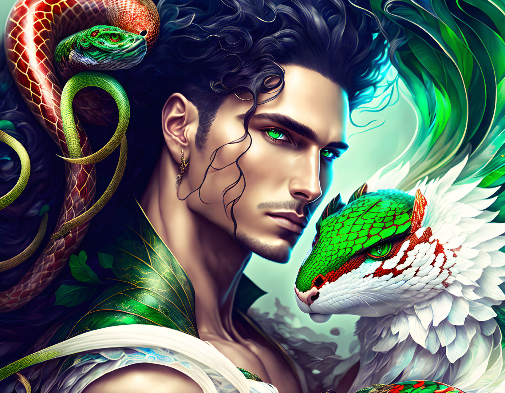 Illustrated man with green eyes and dark curly hair beside red and white snake and green serpent-like creature