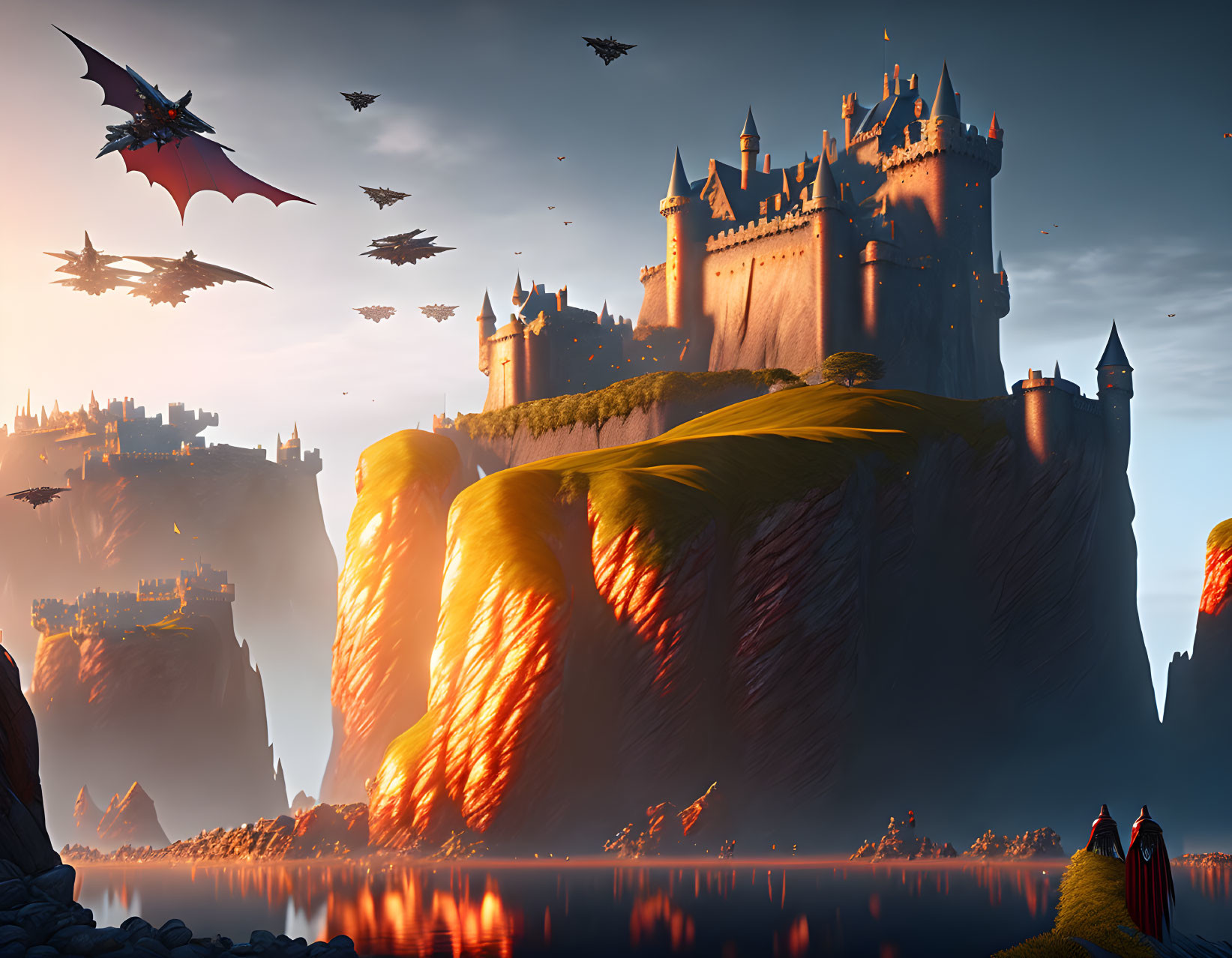 Castle on Cliff with Lava Flows and Dragons in Sky