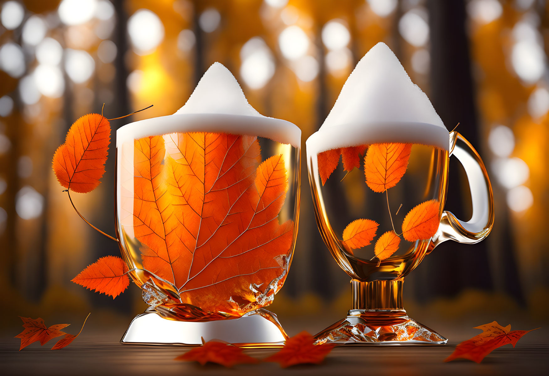 Autumn-themed glass beer mugs with foam on wooden surface