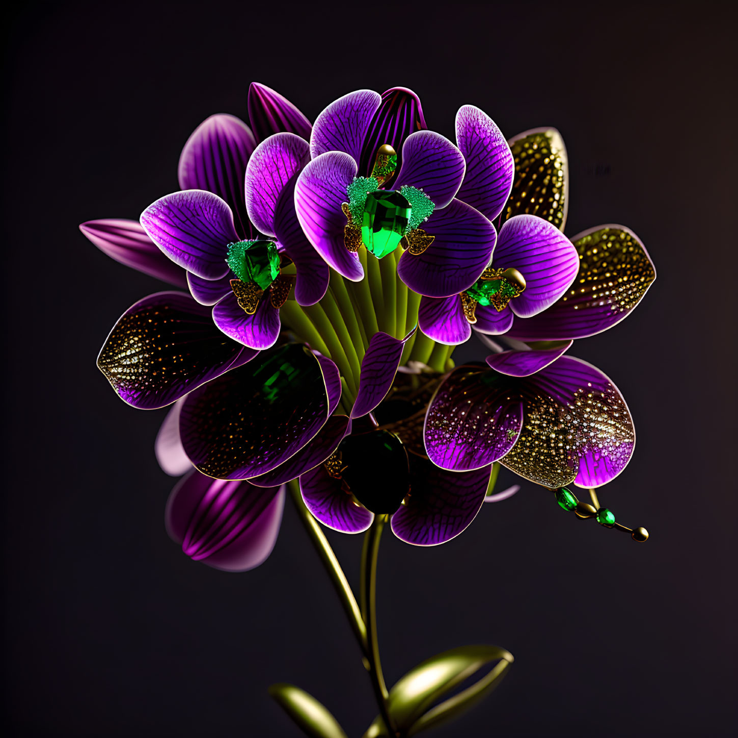 Metallic Orchid Digital Artwork: Purple & Gold Gradient on Dark Background