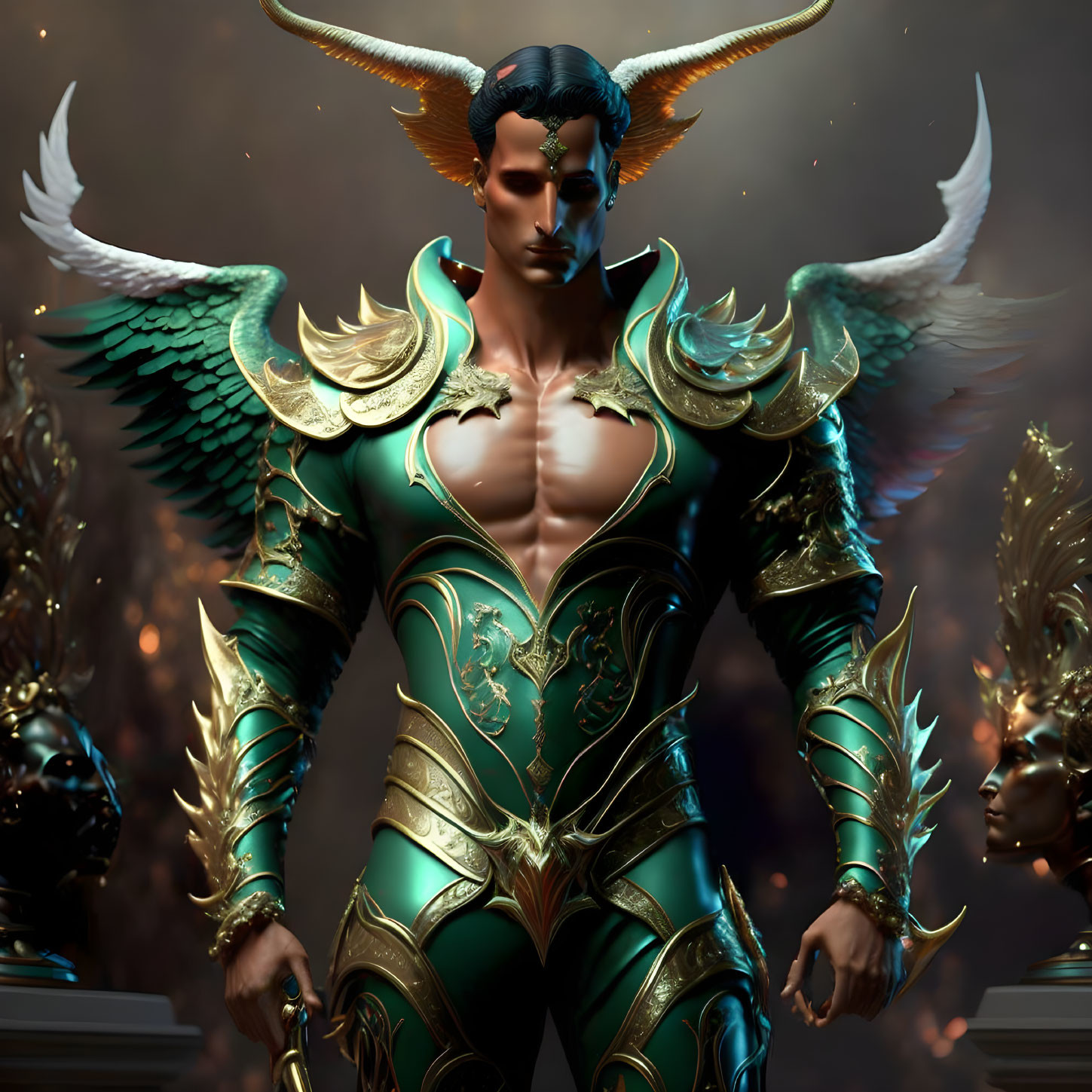 Fantasy character with large horns and angelic wings in ornate green and gold armor among statues