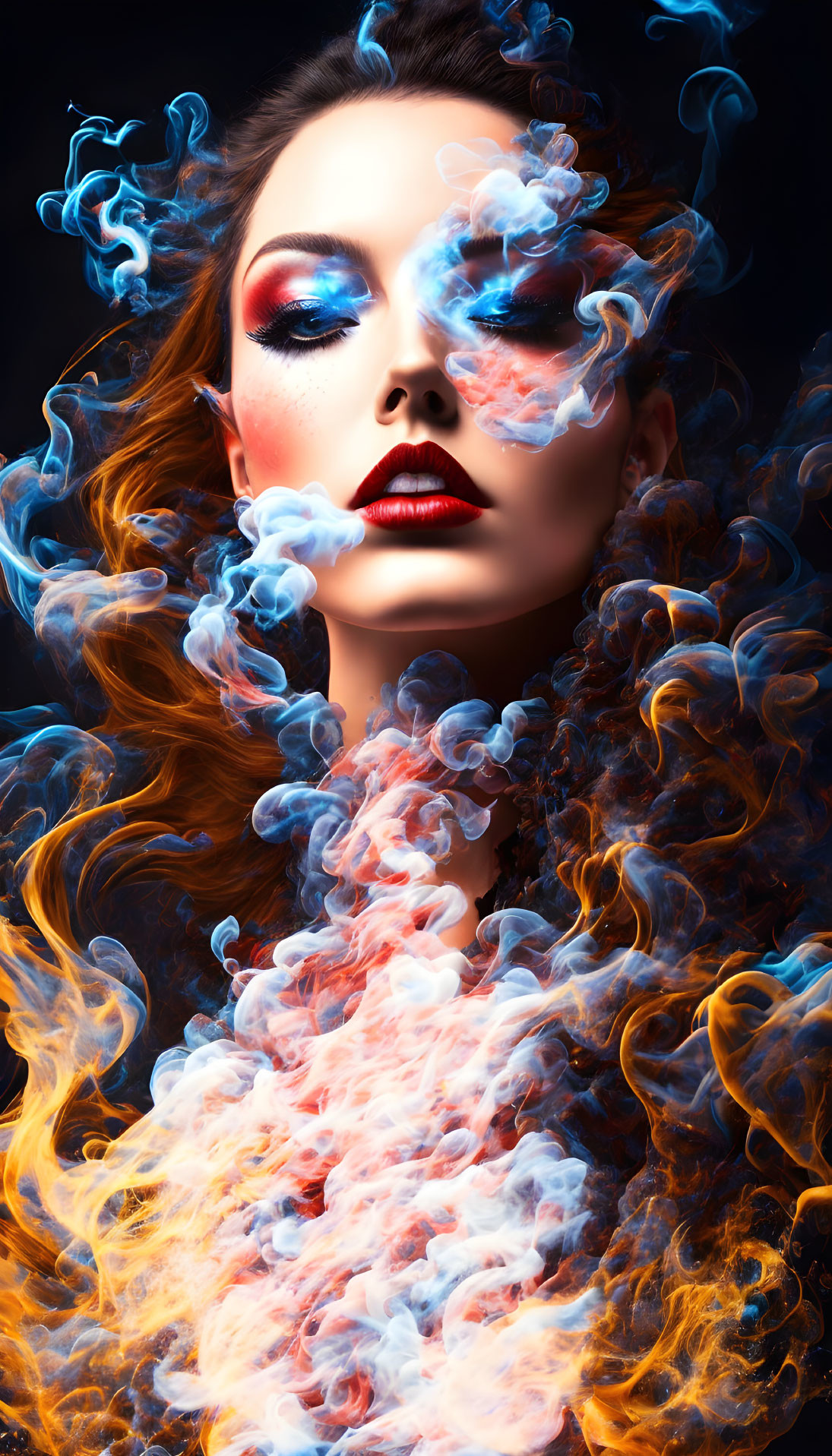 Woman with Dramatic Makeup in Swirling Blue and Orange Smoke