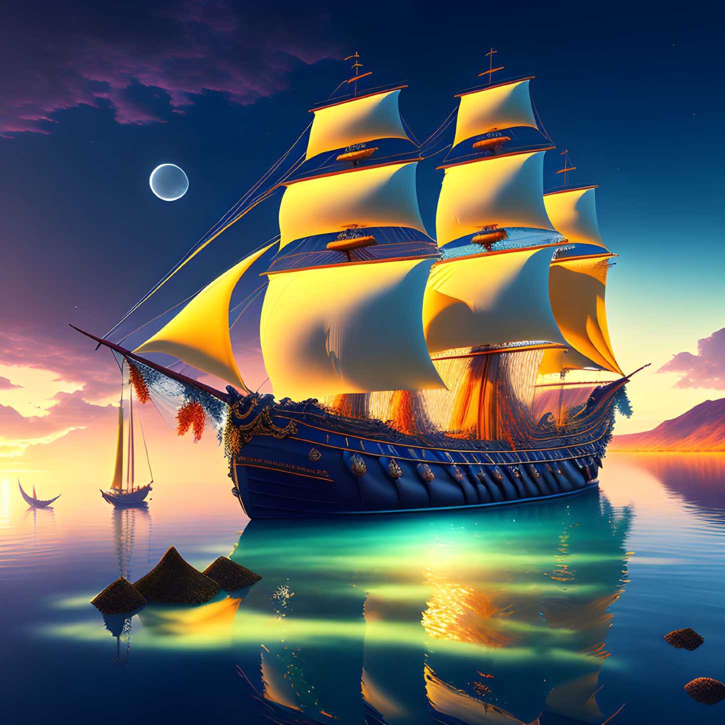 Sailing ship with full sails on tranquil sea at sunset