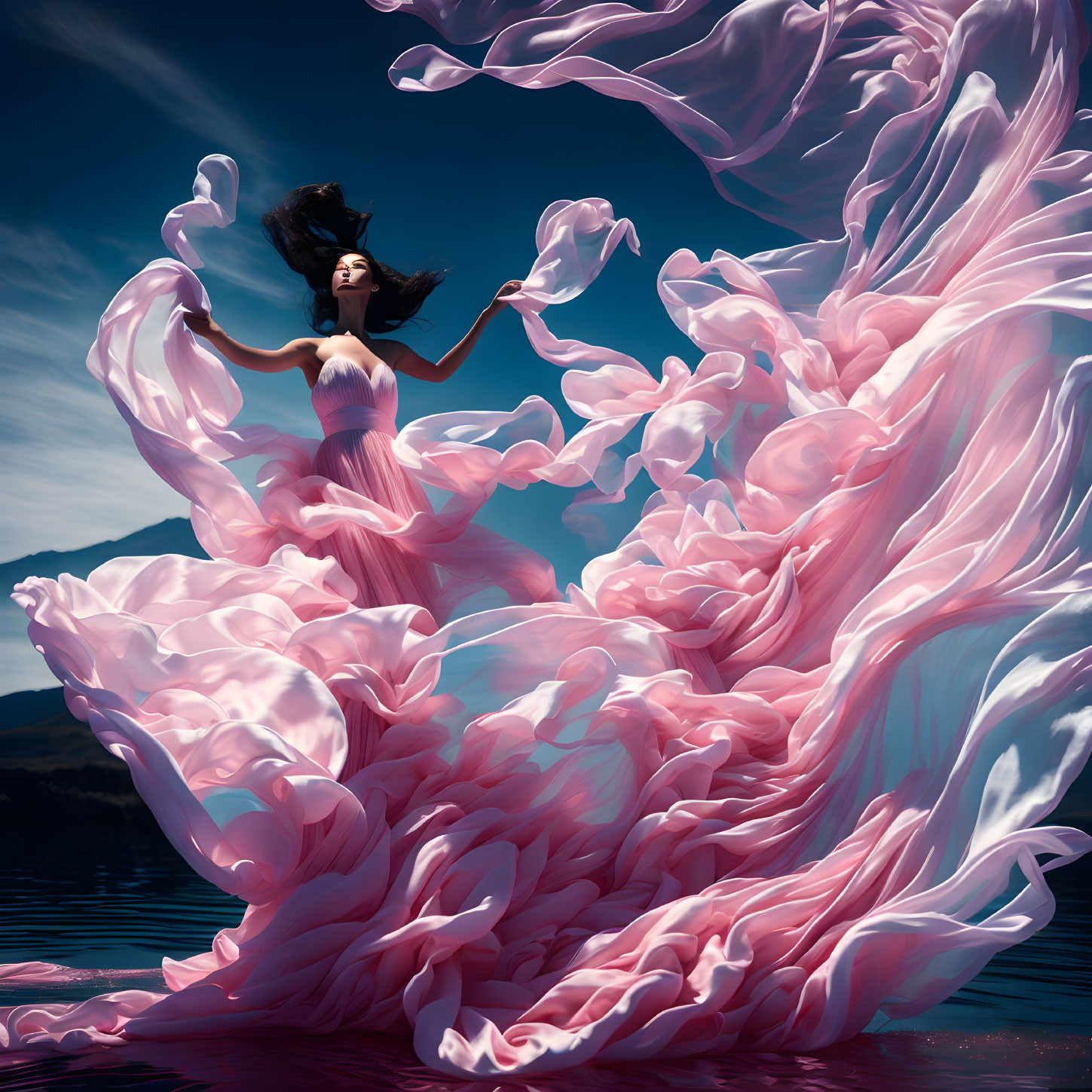 Woman in Pink Dress Standing by Water with Billowing Dress