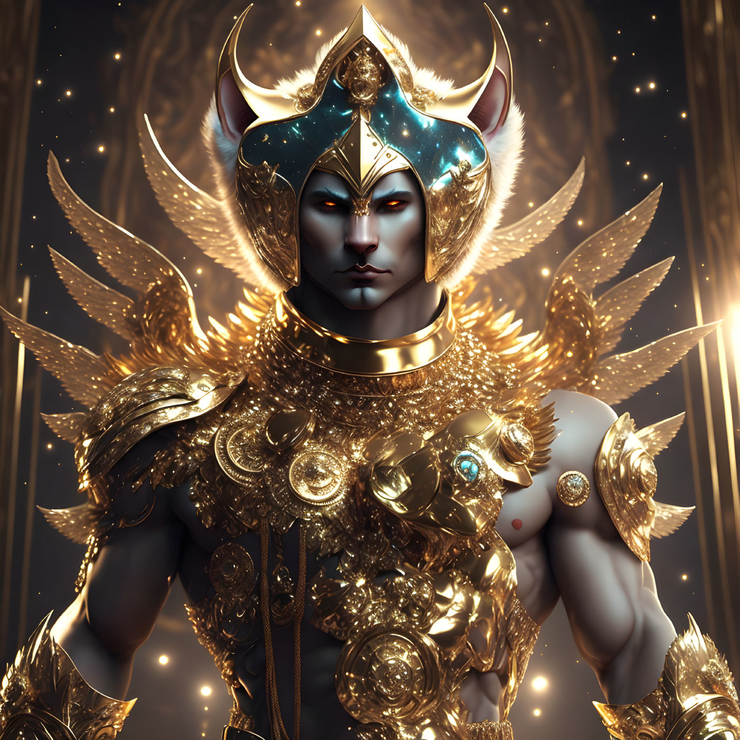 Majestic feline-headed figure in golden celestial armor