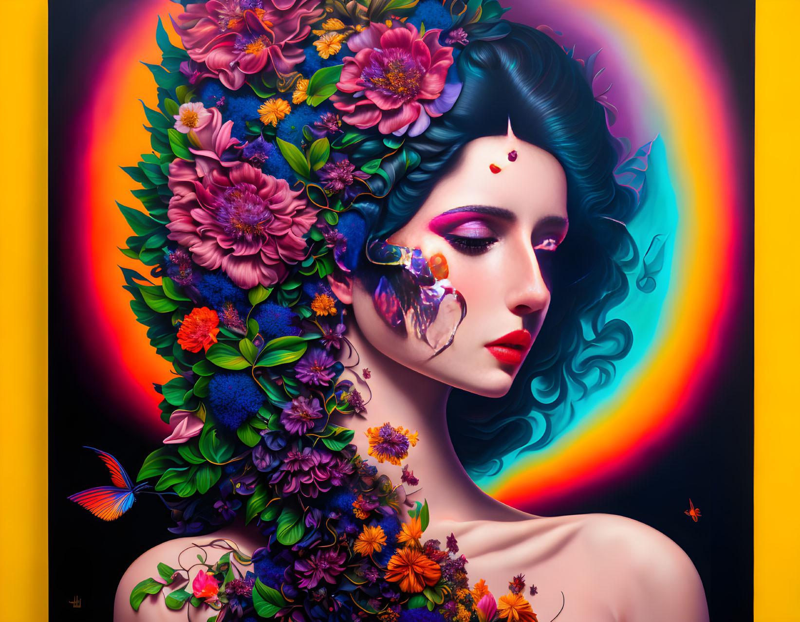 Vibrant woman portrait with flowers, butterfly, and surreal background