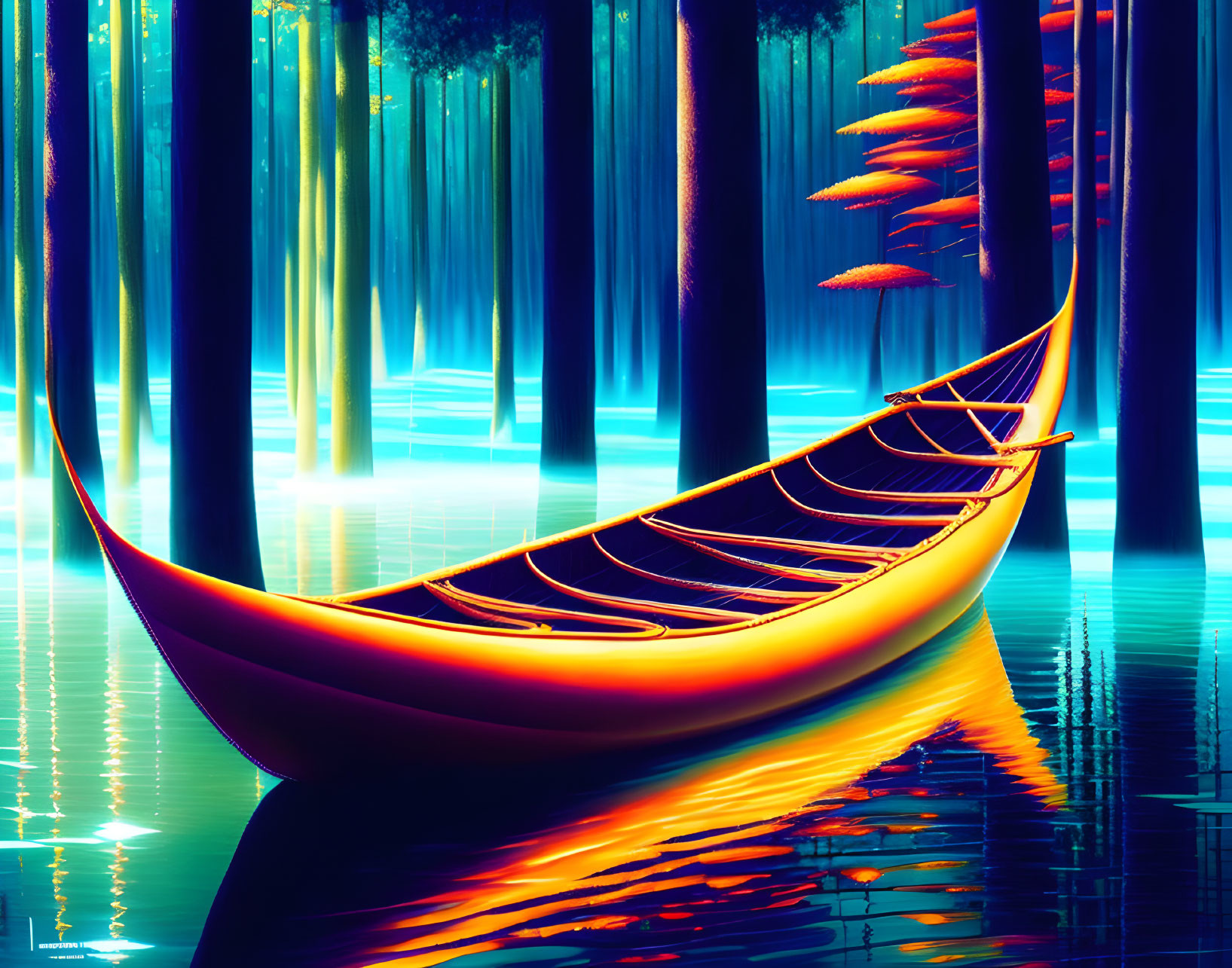 Neon-lit digital artwork: Canoe on reflective water in mystical forest