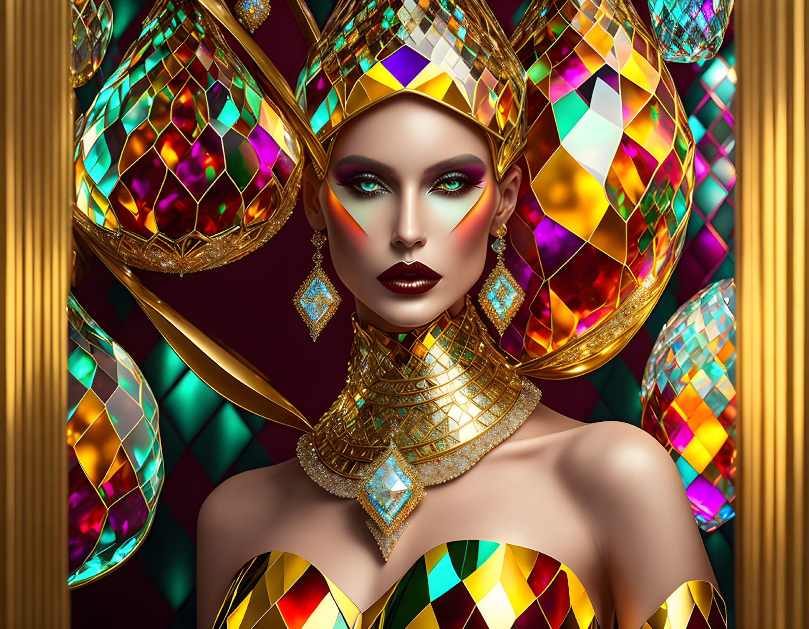 Multicolored Gemstone Adorned Woman in Regal Pose