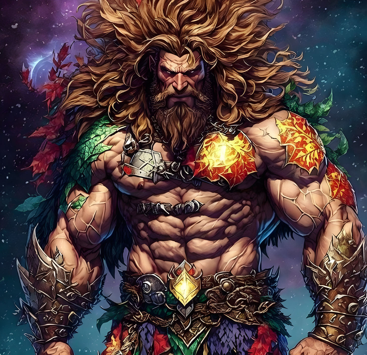 Muscular fantasy warrior in lion-themed armor against cosmic backdrop