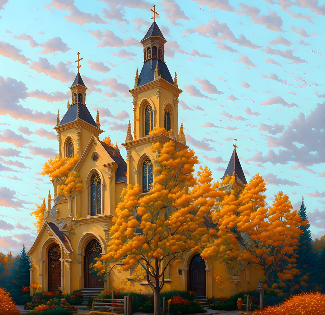 Yellow Church with Twin Spires Amid Autumn Trees and Sunset Sky