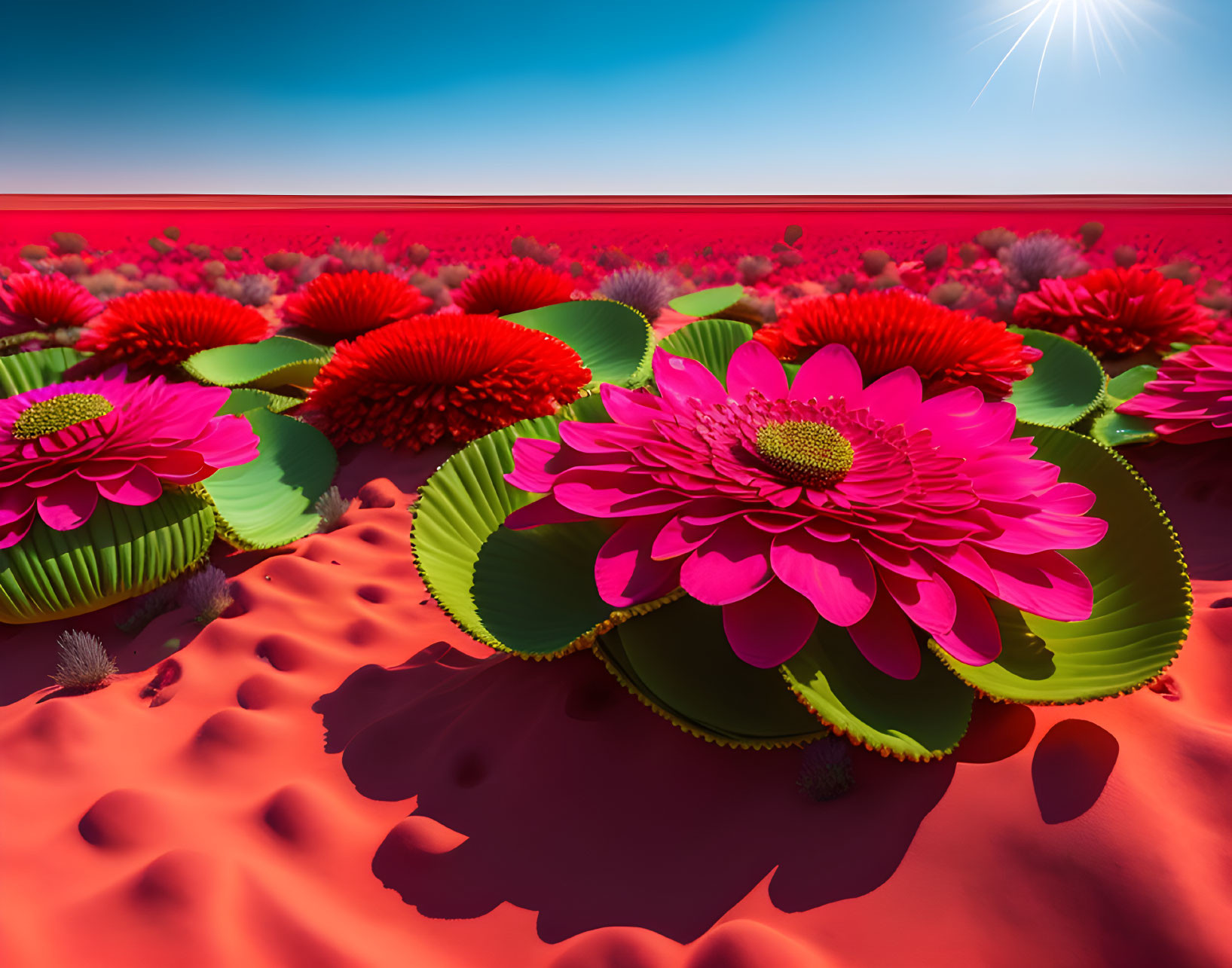 Pink Lotus Flowers Blooming on Red Field Under Clear Sky