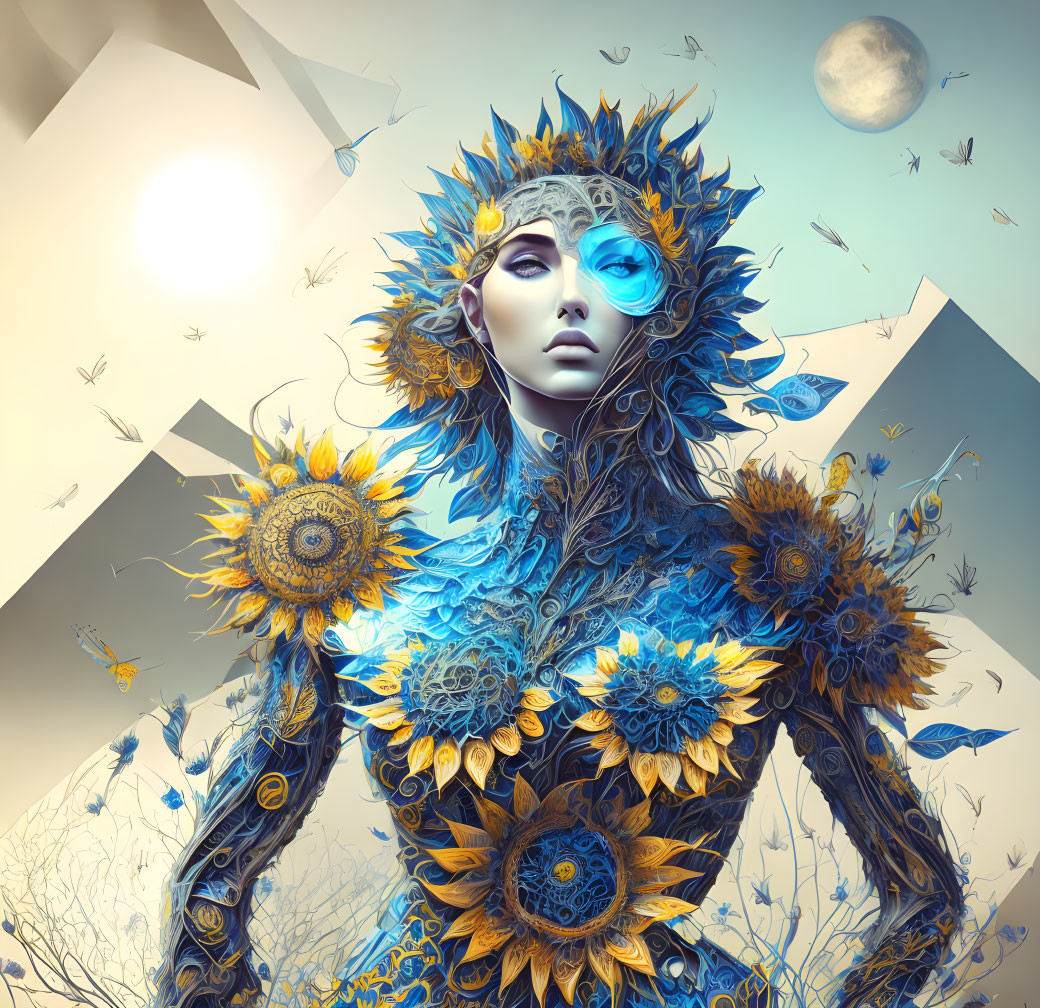 Ethereal being with sunflower motifs under surreal sky