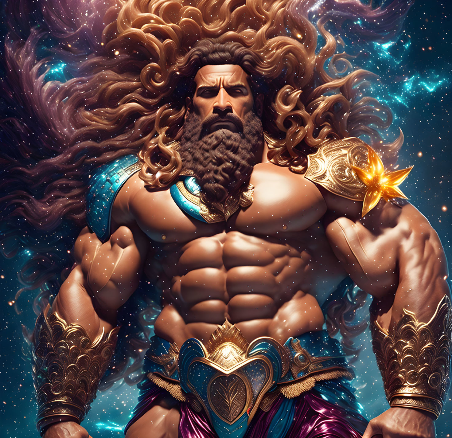 Golden-armored warrior with flowing hair and beard holding a glowing star in cosmic setting