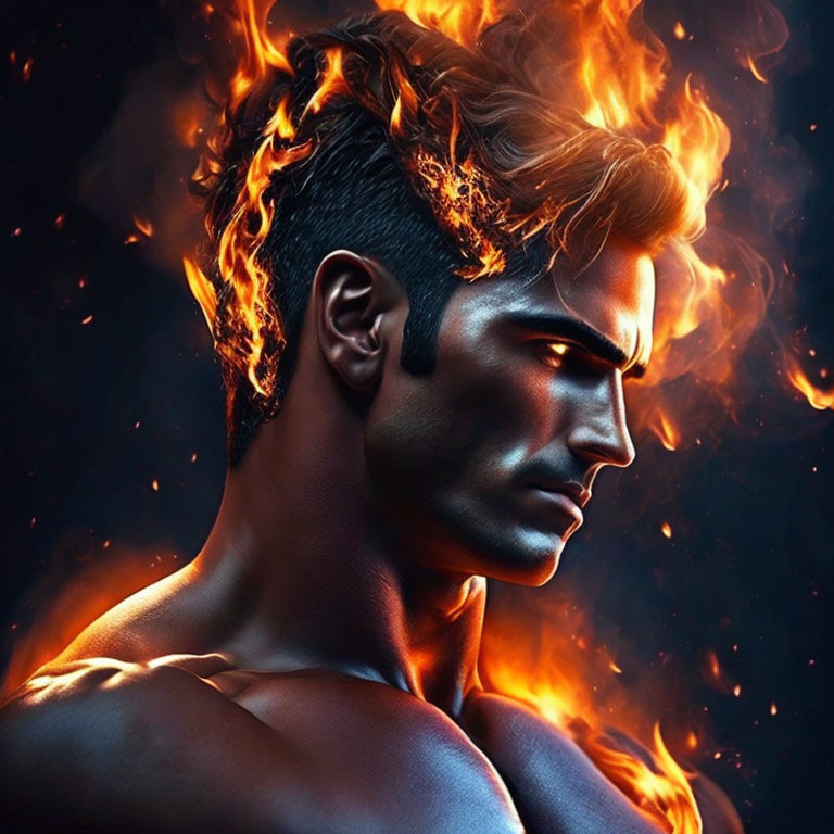 Man's Profile Surrounded by Intense Orange Flames