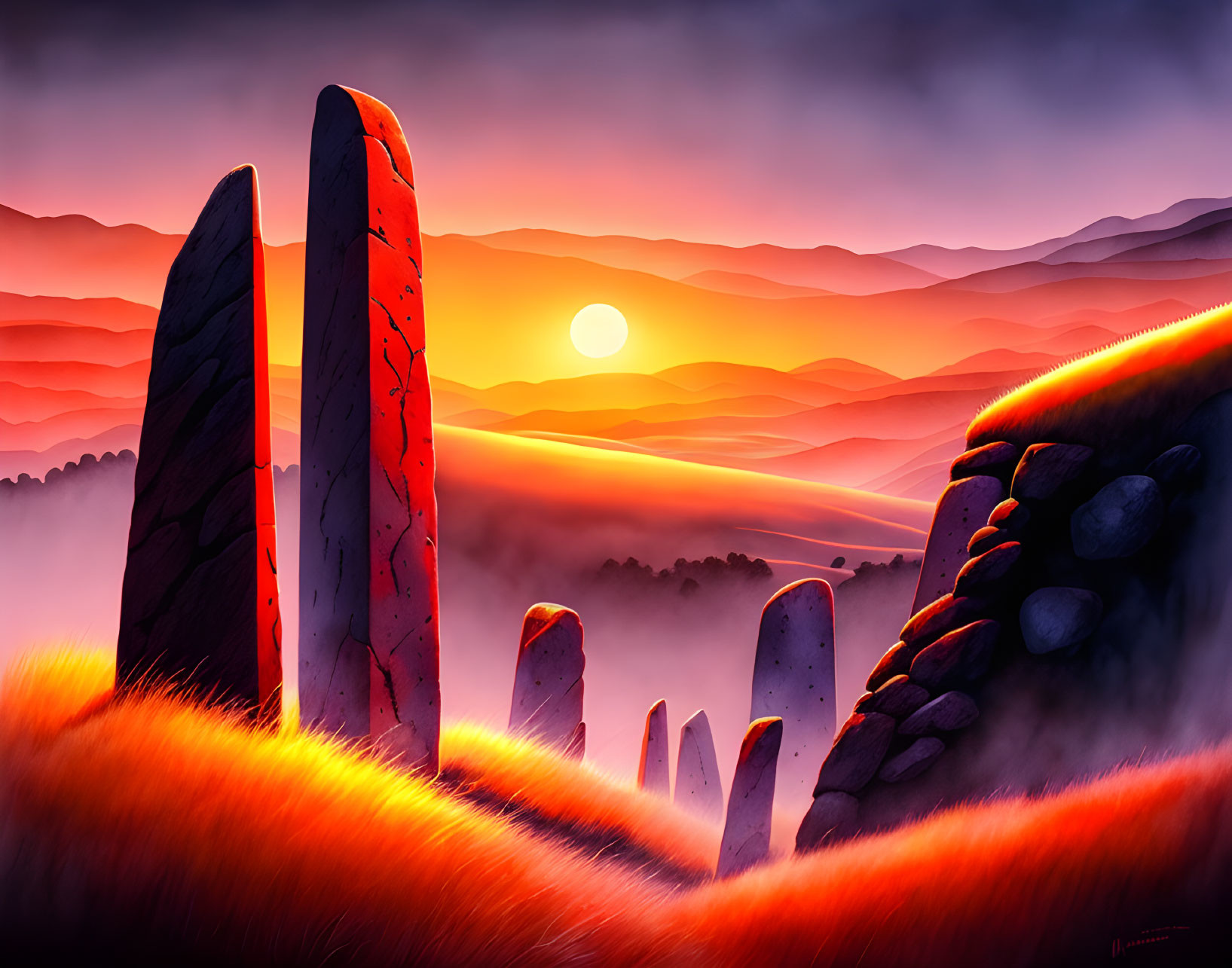 Digital art landscape: Stone monoliths, glowing sunset, fiery orange grass