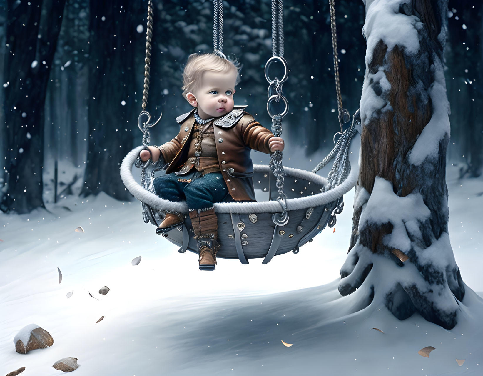 Young child in brown jacket on snowy swing in tranquil woods