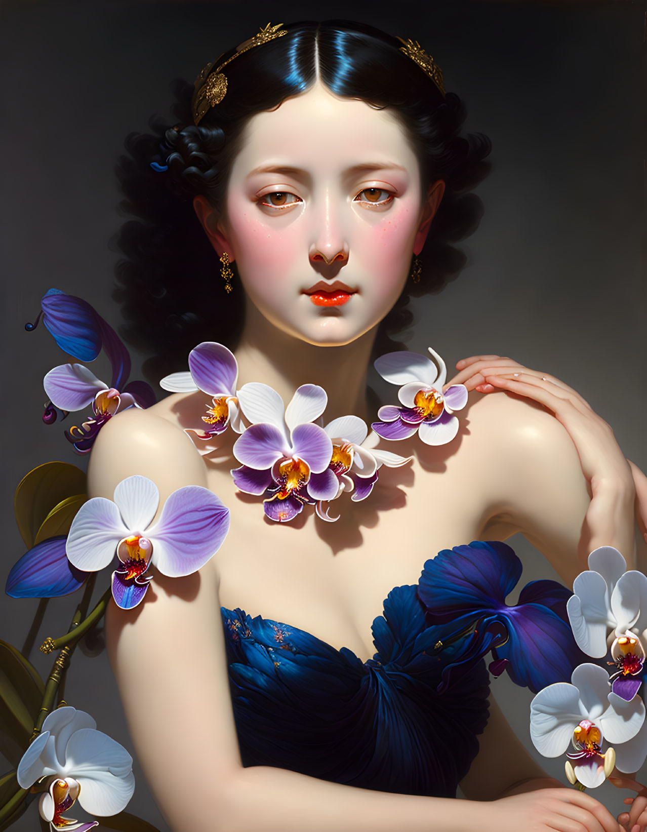 Portrait of Woman with Pale Skin, Dark Hair, Gold Adornment, Blue Dress, Orchids