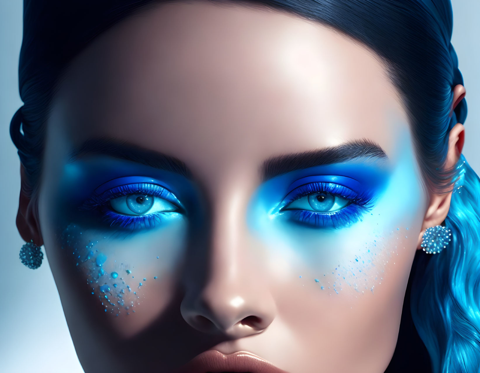 Close-up of woman with striking blue eyes, makeup, hair, and earrings