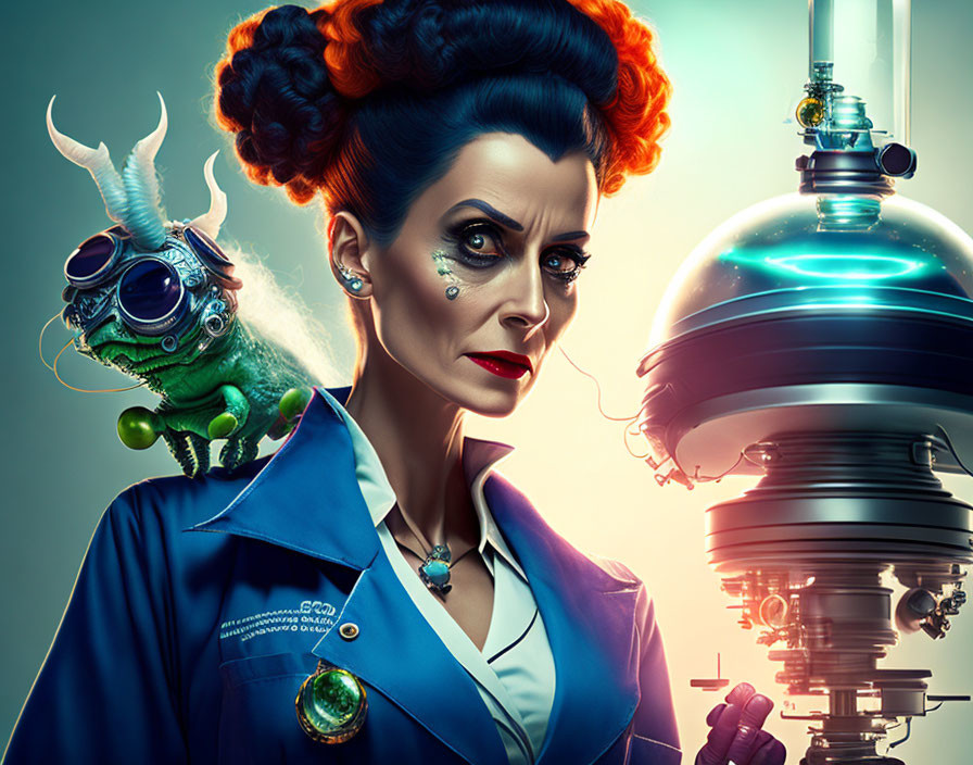 Elaborately styled female scientist with fantastical creature examining lab equipment