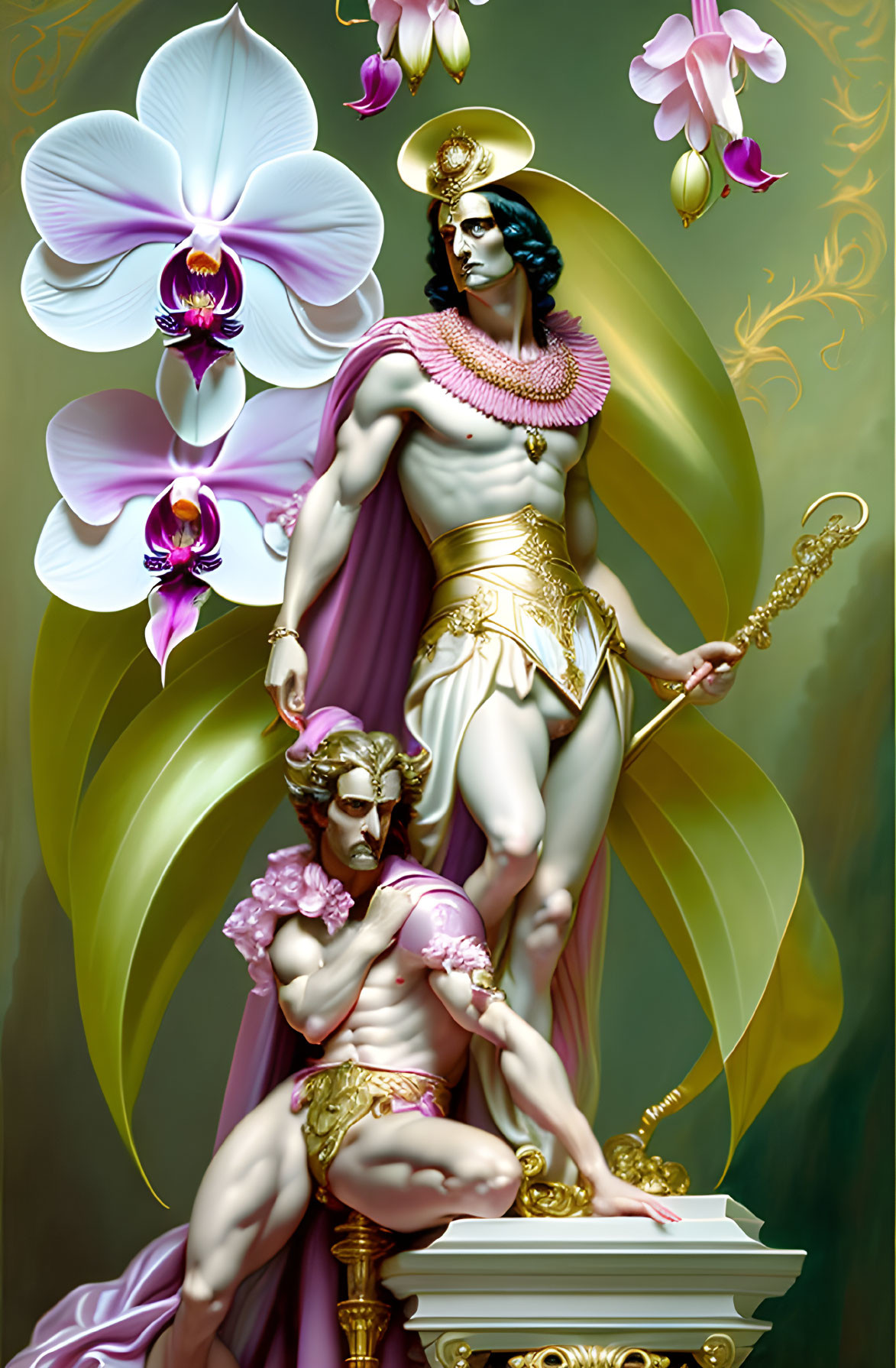 Mythological figures with idealized bodies and gold adornments among vibrant orchids