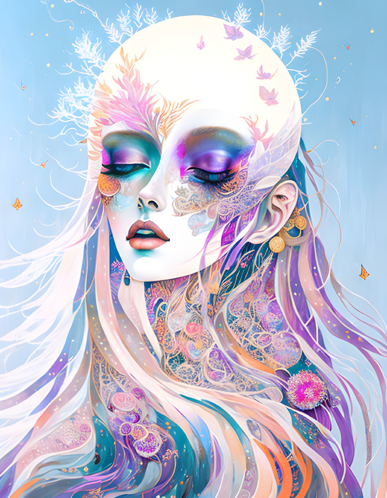 Ethereal portrait of woman with white hair and colorful face patterns