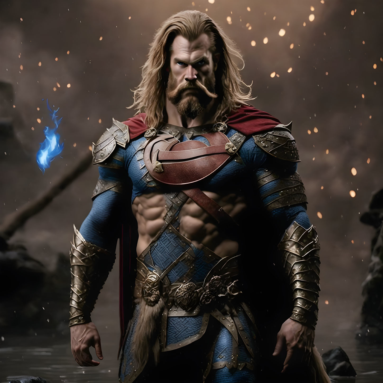 Muscular, Bearded Superhero in Blue and Red Costume with Glowing Weapon amid Embers