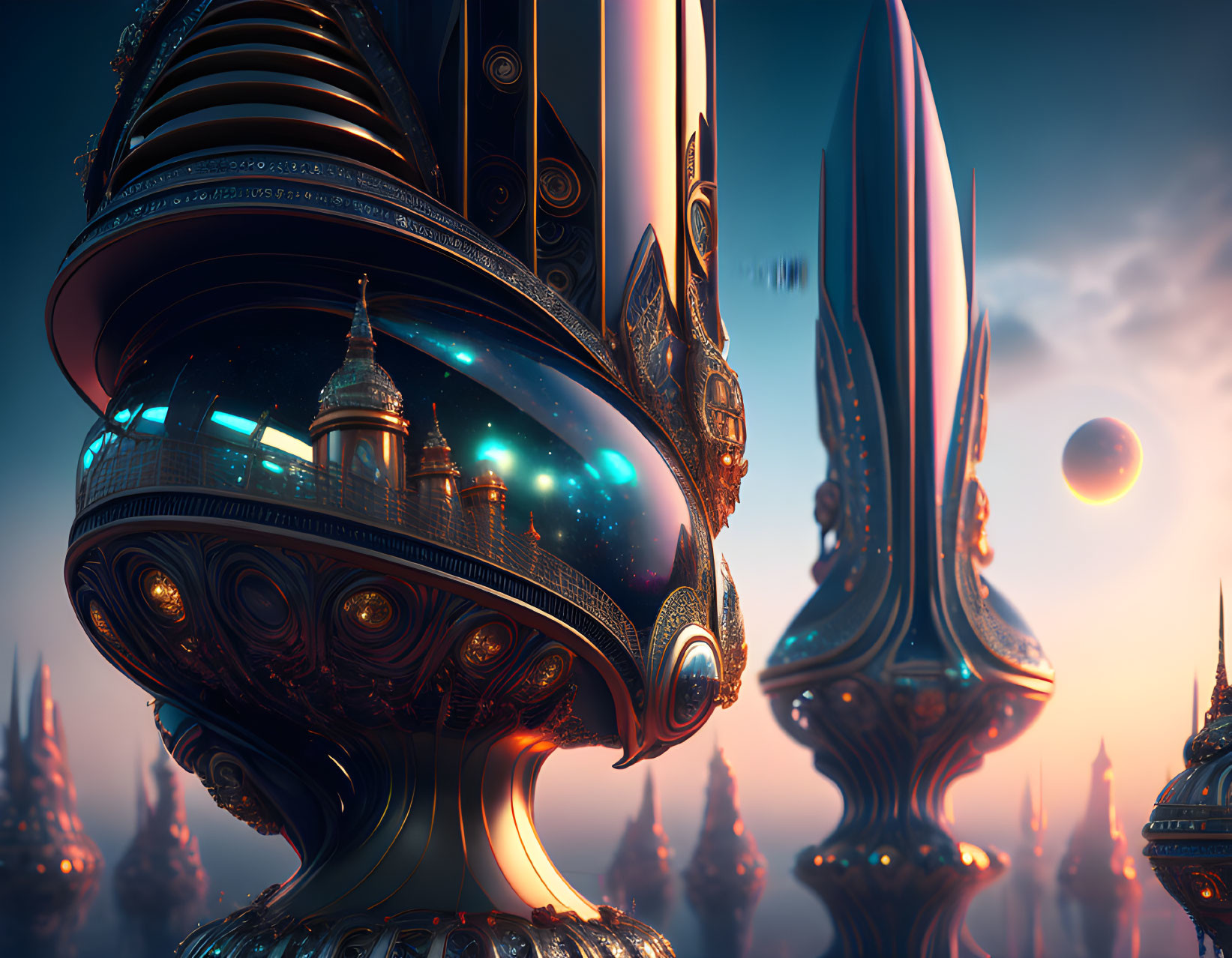 Ornate futuristic cityscape with towering structures and starry sky against distant planet