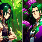 Split image of animated character with long green hair in ornate clothing and armor against vibrant forest.