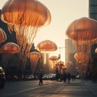 Ethereal ballet dancers with wing-like tutus perform above surreal water and mushroom formations