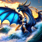 Blue dragon with expansive wings emerging from ocean waves at sunset