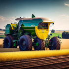 Vibrant green and yellow agricultural sprayer in golden crop field