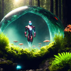 Striped person in vibrant underwater scene with coral, whale, and luminescent elements