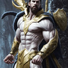 Muscular man with gold and black liquid swirls symbolizing power and motion