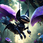 Fantastical creature with shark-like head, black feathery body, bat-like wings among purple