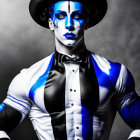 Blue and White Face Painted Person in Striped Outfit and Hat against Grey Background